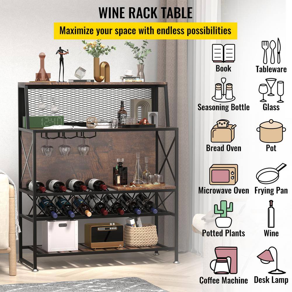 Rustic Brown Industrial Wine Rack Bar Table with Glass Holder