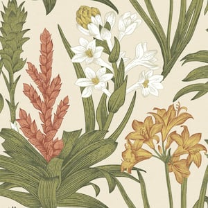 Linen and Green Blooming Villa Vinyl Matte Peel and Stick Wallpaper