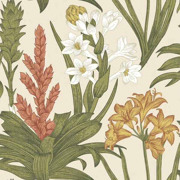 NuWallpaper Linen and Green Blooming Villa Vinyl Matte Peel and Stick Wallpaper Sample
