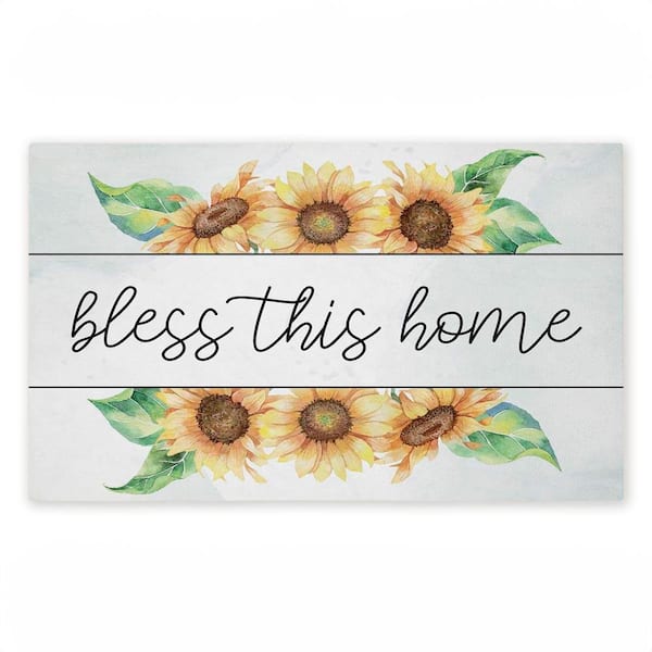 Bless This Home Sunflowers Yellow 18 in. x 30 in. Polyester Non-Slip Outdoor Door Mat