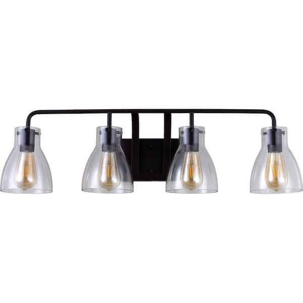 Volume Lighting 4-Light Indoor Antique Bronze Bath or Vanity Light Bar, Wall Mount, or Wall Sconce w/ Clear Glass Jar Bell Shades