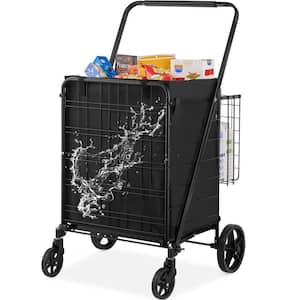 Folding Shopping Cart with Removable Waterproof Liner, 330 lbs. Large Capacity Jumbo Grocery Cart with Dual Basket Black