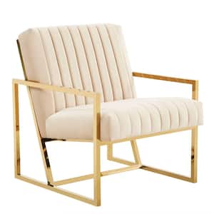 Montgomery Beige Modern Upholstered Velvet Pinstripe Design Accent Armchair with Gold Frame