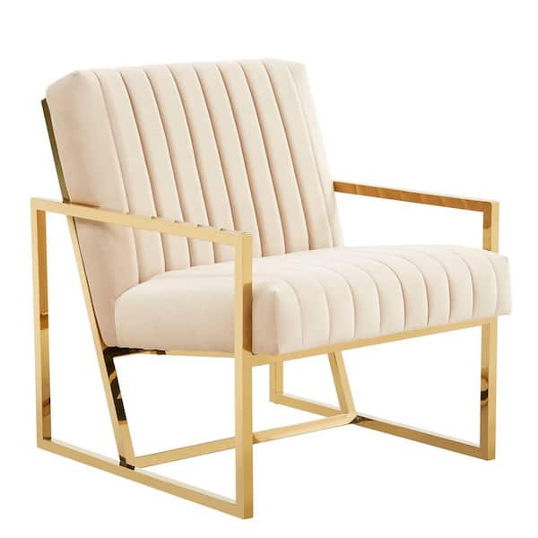 Leisuremod Montgomery Beige Modern Upholstered Velvet Pinstripe Design Accent Armchair with Gold Frame