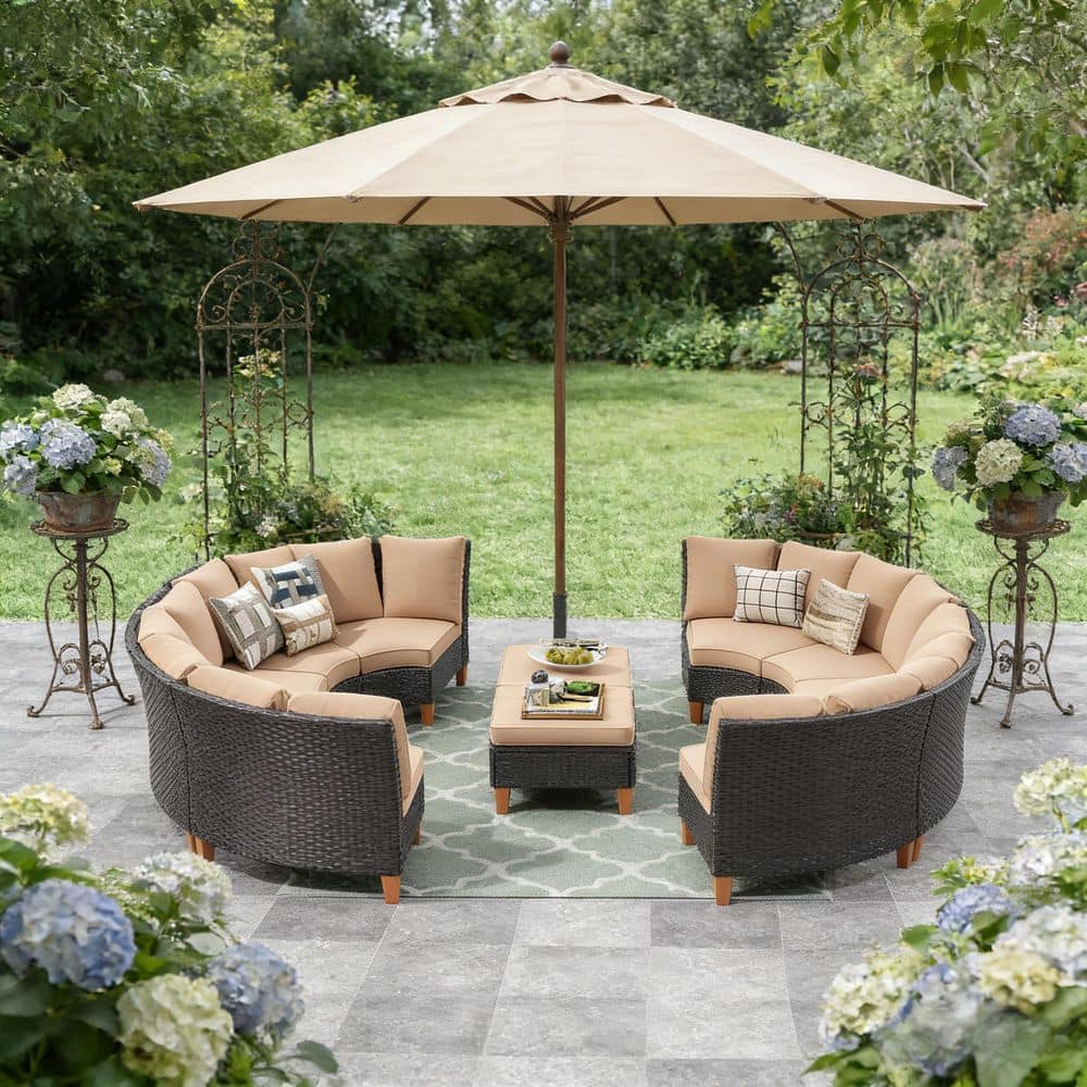 12-Piece Brown Wicker Outdoor Sectional Set with Khaki Cushions Includes Curved, Single Sofas and Ottomans price history on PriceWatchPro