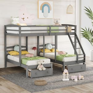 Gray Full over Twin and Twin Triple Bunk Bed with Drawers