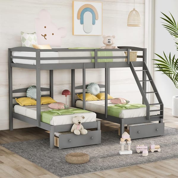 Qualler Gray Full over Twin and Twin Triple Bunk Bed with Drawers  BWM000233EGX - The Home Depot