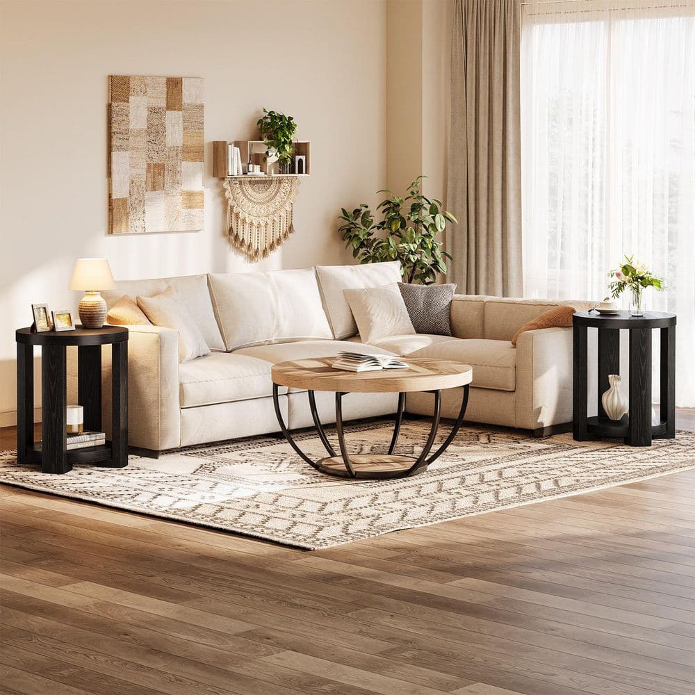 Kerlin 19.7 in. Black Round MDF Side Table with Shelf, End Table (Set of 2) for Living Room, Bedroom