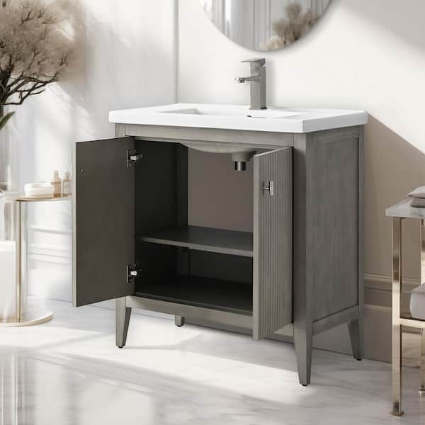 30 in. W x 18.5 in D x 34 in. H Single Sink Linear Driftwood Gray Bath Vanity Cabinet with White Ceramic Top