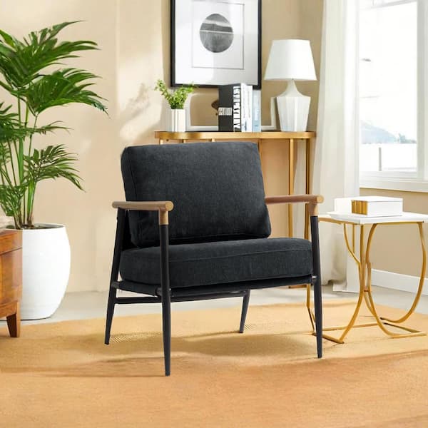 Uixe Mid-Century Modern Black Cotton Fabric Upholstery Arm Chair with Metal Legs(Set of 1)