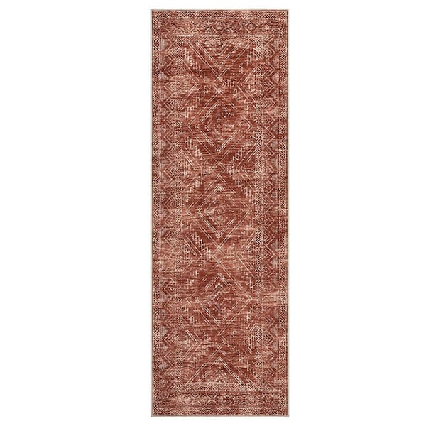 Red 2 ft. x 8 ft. Washable Vintage Distressed Bohemian Style Polyester Area Rug