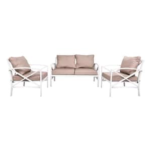 White 3-Piece Metal Patio Conversation Sofa Set with Brown Cushions