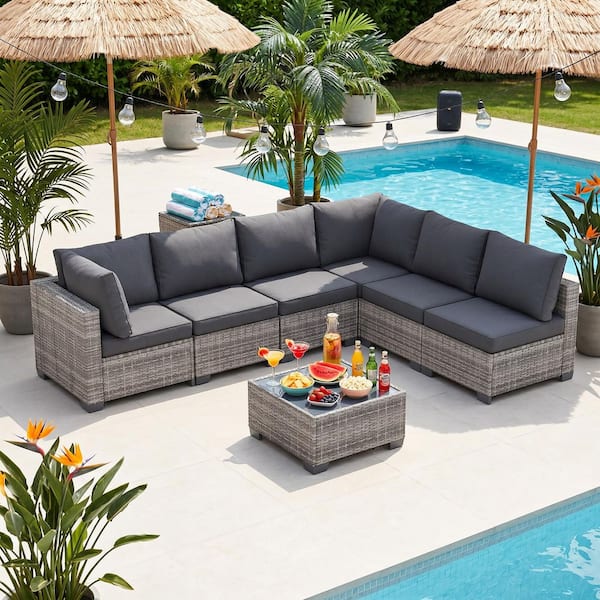 MIRAFIT 7 Gray Pieces Wicker Outdoor Sectional Set with Table and