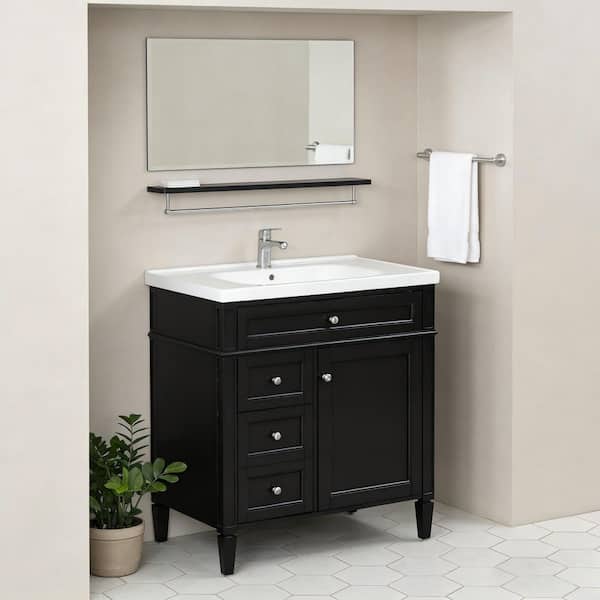 30 in. Bath Vanity Cabinet without Top in Black, Solid Wood Modern Bathroom Storage Cabinet with 2 Drawers