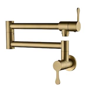 Wall Mounted Pot Filler Double-Handle Kitchen Sink Faucet Folding Stainless Steel Swing Arm Modern Taps in Brushed Gold