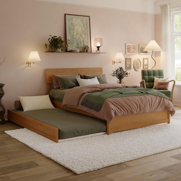 Norla Light Toffee Natural Bronze Wood Frame Full Platform Bed with Footboard and Twin Trundle