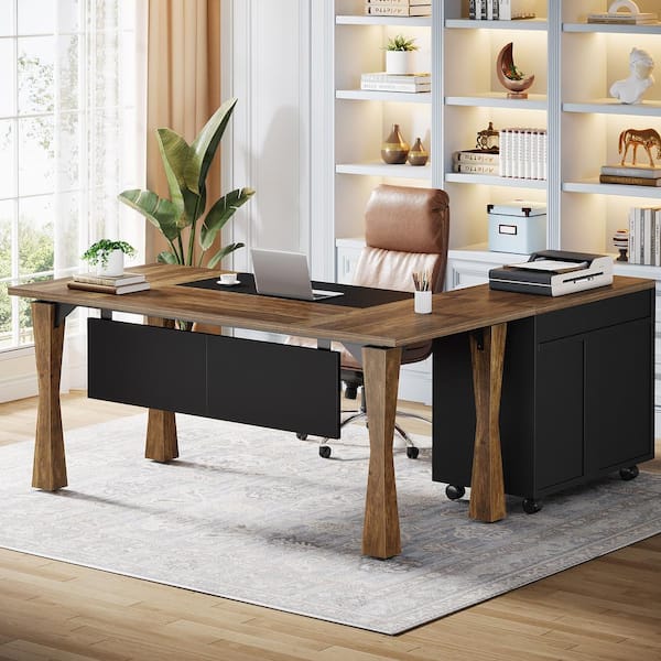 Lanita 63 in. L Shaped Brown and Black Engineered Wood 2-Drawer Computer Desk Executive Desk with File Cabinet