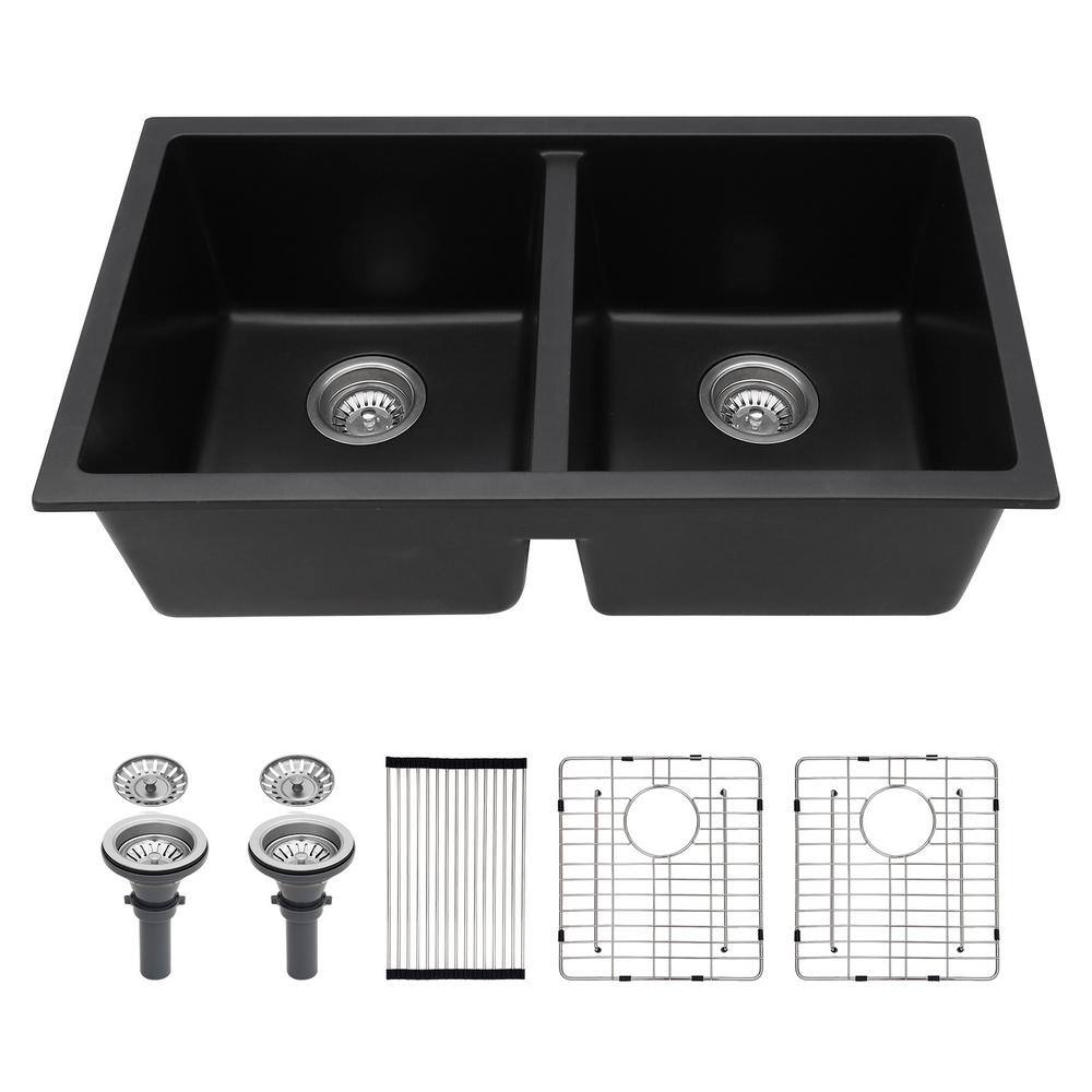 33 in. Undermount Double Bowl Black Quartz Kitchen Sink with Bottom Grids a
