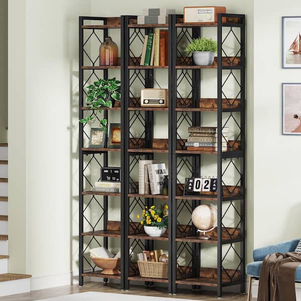 Jannelly 79 in. Tall Rustic Brown Wood 7-Shelf Narrow Bookcase with Metal Frame (Set of 3)