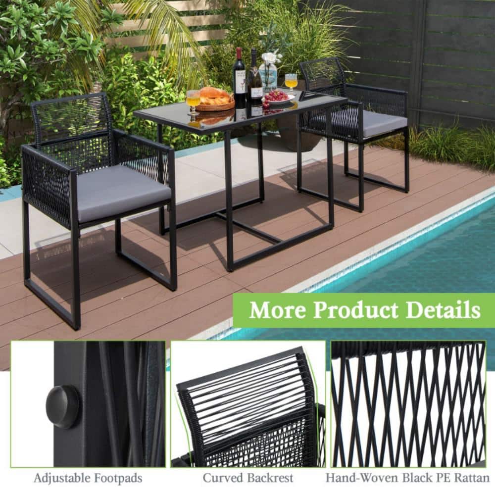 Black PE Rattan 3-Piece Outdoor Dining Set with Grey Cushions