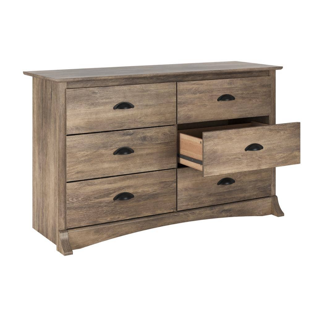 Coastal Gray 6-Drawer Double Dresser with Black Metal Handles