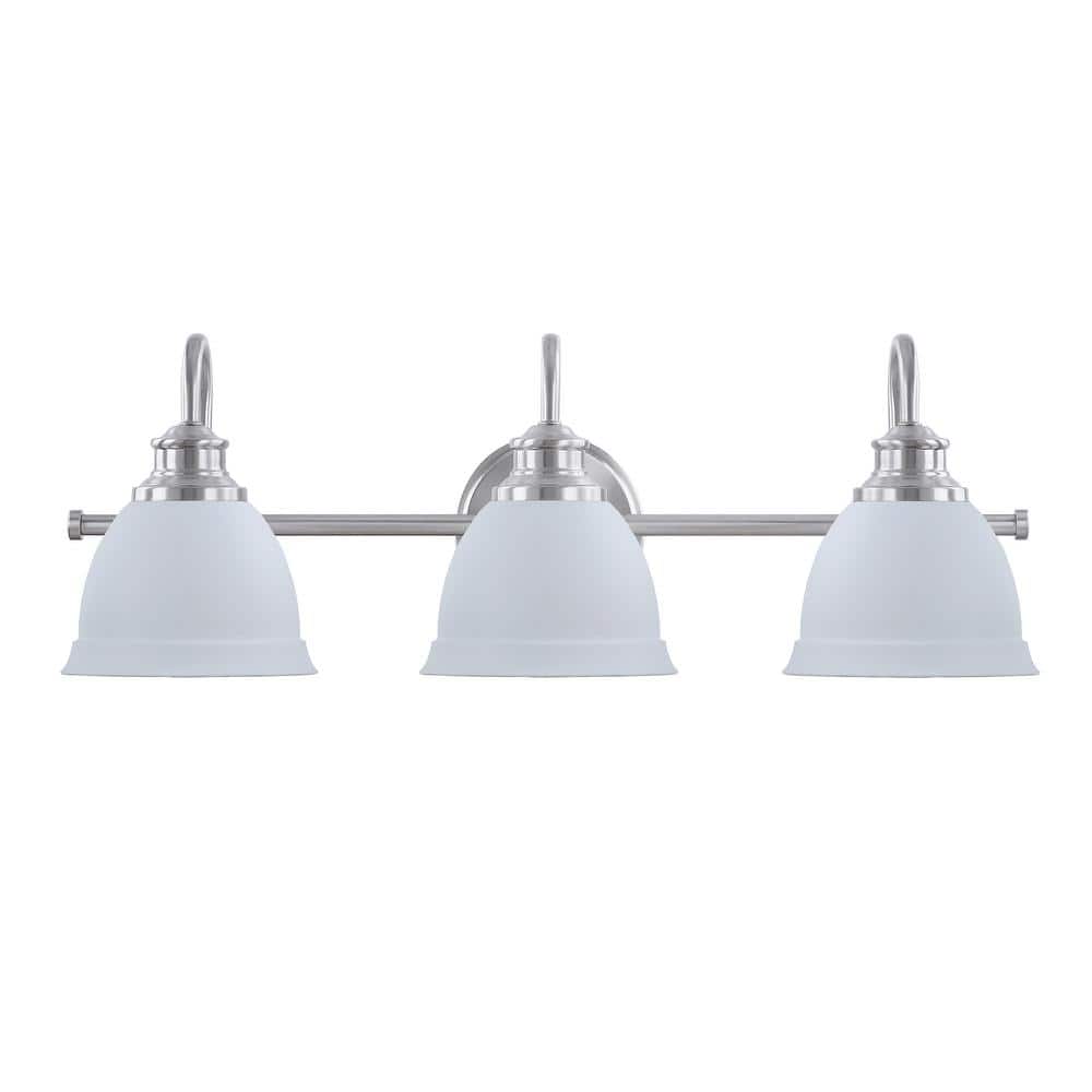 25-Inch Satin Nickel 3-Light Vanity Fixture with White Shades