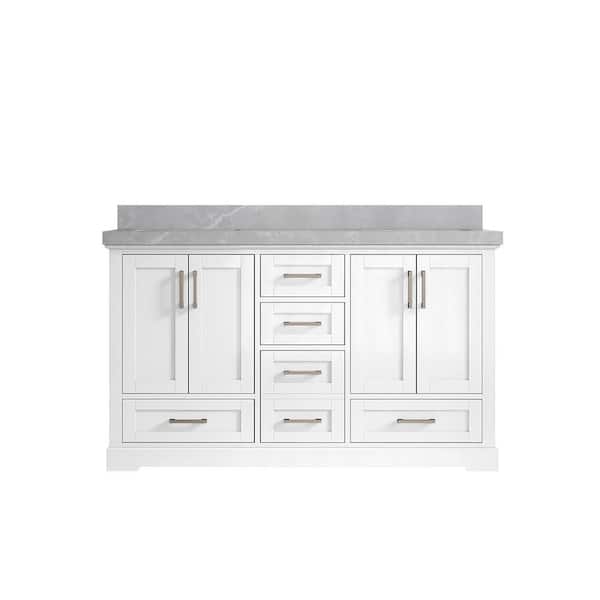 Willow Collections Boston 60 in. W x 22 in. D x 36 in. H Double Sink Bath Vanity in White with 2 in. Pearl Gray Top