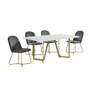 Aurelio 5-Piece Rectangle White Wooden Top Dining Set with Dark Gray Velvet Fabric Chairs