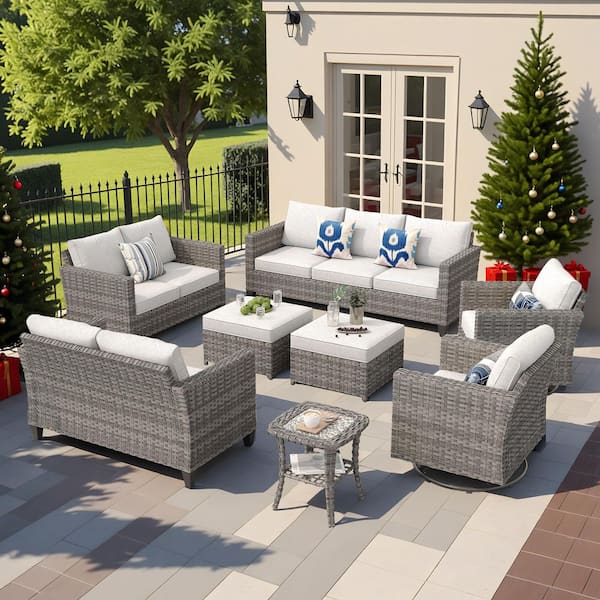 OVIOS New Star Gray 8-Piece Wicker Patio Conversation Seating Set with Gray Cushions and Swivel Chairs