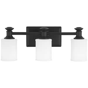 Harbour Point 19 in. W 3-Light Black Vanity Light with Etched White Glass Shade