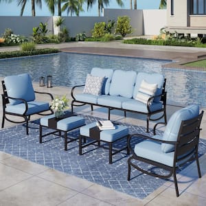 Black 5-Piece Metal Slatted 7-Seat Outdoor Patio Conversation Set with Blue Cushions and 2 Ottomans