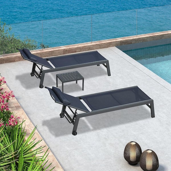 Oversize Black Frame Lounge of 3-Pieces Aluminum Outdoor Chaise Lounge with Cushion and Armrests, Navy Blue