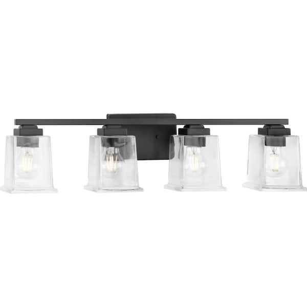 Progress Lighting Gilmour 27.875 in. 4-Light Matte Black Craftsman Vanity Light with Clear Glass Shades for Bath and Vanity