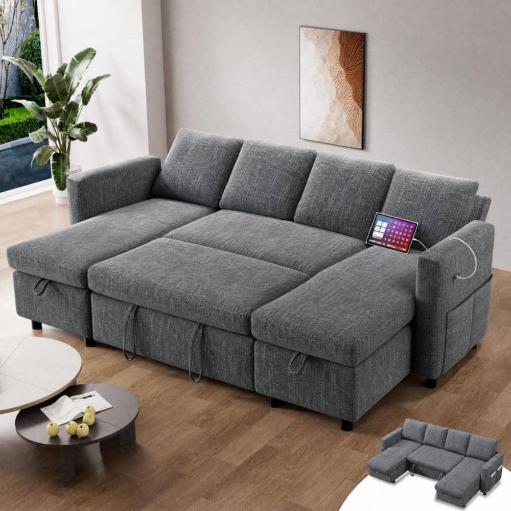 "105"" Sleeper Sofa Bed with Pull Out Bed U-Shaped Couch Sectional Sleeper Sofa,Chenille Gray" price history on PriceWatchPro