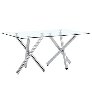 Large Modern Rectangular Clear Glass Dining Table 71 in. Silver Double Cross Legs Table Base Type Dining Table Seats 6