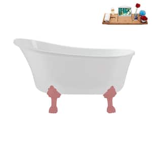 51 in. x 25.6 in. Acrylic Clawfoot Soaking Bathtub in Glossy White with Matte Pink Clawfeet and Brushed Gold Drain