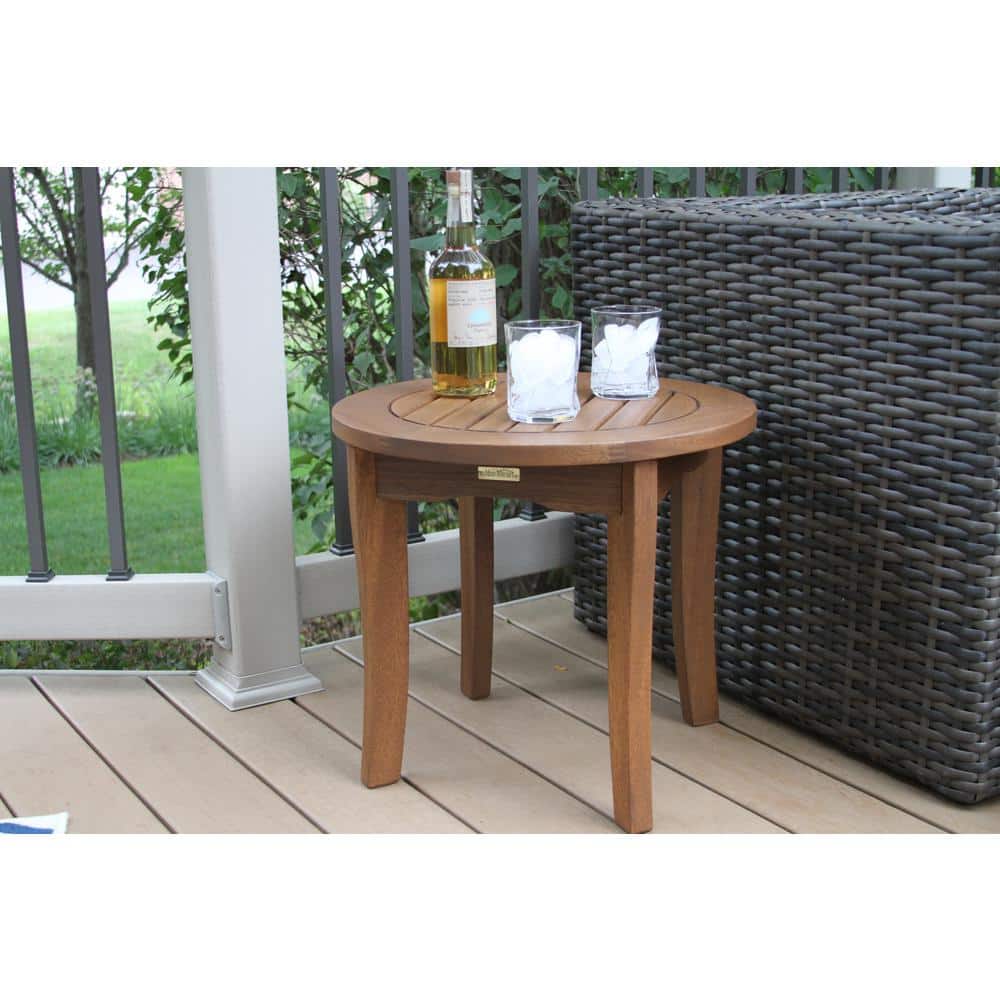 Curved Leg Eucalyptus 20" Round Outdoor End Table in Brown Umber
