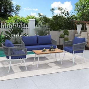 4-Piece Rope Metal Composite Outdoor Patio Furniture Conversation Sectional Set with Wood Table and Navy Blue Cushions