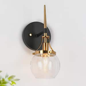 Ayers Modern 1-Light Black and Brass Wall Sconce with Clear Glass Globe Shade