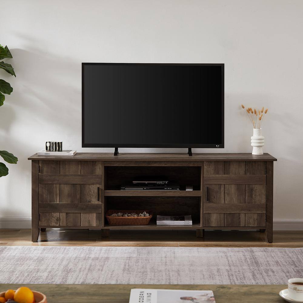 KINWELL 70 in. Dark Brown TV Stand with 2 Storage Doors Fits TV's up to