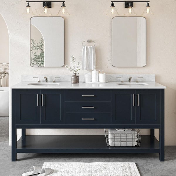 ARIEL Magnolia 72 in. Double Sink Freestanding Bathroom Vanity in Midnight Blue with 0.75 in. Carrara White Marble Top