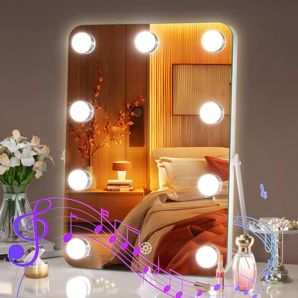 10 in. W x 14 in. H White Rectangle Framed LED Makeup Mirror with Bluetooth Speaker Hollywood Vanity Mirror with Lights