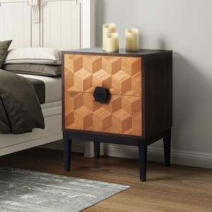 Pulang Modern Walnut 2-Drawer 25 in. Tall Nightstand with Charging Station and Adjustable Legs