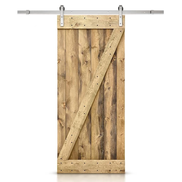CALHOME Z Bar Series 36 in. x 84 in. Pre-Assembled Weather Oak Stained Wood Interior Sliding Barn Door with Hardware Kit