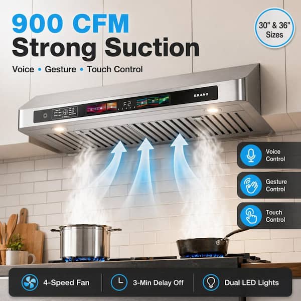 BRANO 30 in. Under Cabinet Range Hood with Voice/Gesture/Touch Control, 900 CFM Kitchen Vent Hood in Stainless Steel