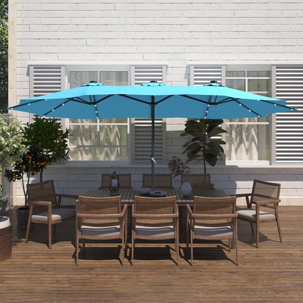 15 ft. Steel Patio Double-Side Market Umbrella with Base and Solar Light wi