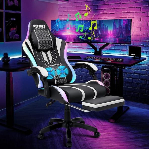 Faux Leather Massage Ergonomic Gaming Chair Big and Tall Game Chair in White with Bluetooth Speakers LED Lights Footrest