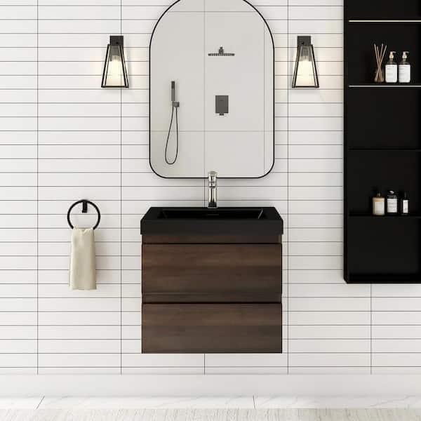 JimsMaison 24 in. W x 19.5 in. D x 20.5 in. H Wall-Mounted Bath Vanity in Grey Oak with Black Quartz Top