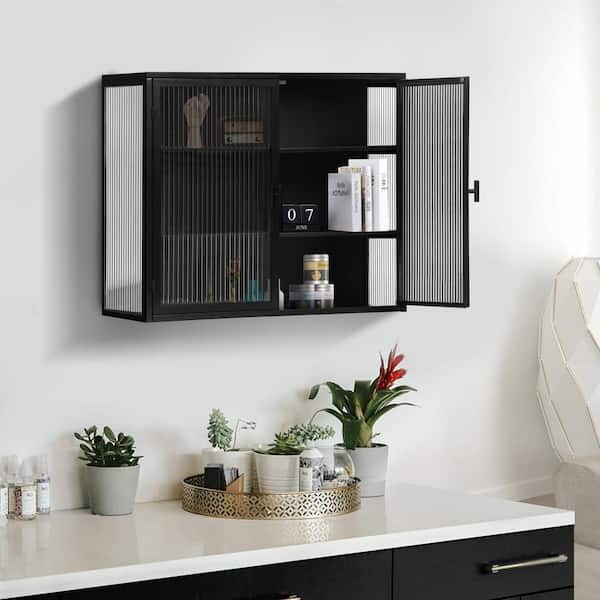 Kapula Black Metal 23.62 in. H Storage Wall Cabinet with 2 Glass Doors and 3-tier Storage Shelf