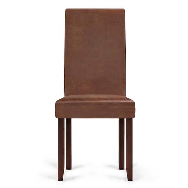 Acadian Transitional Parson Dining Chair in Distressed Saddle Brown Faux Leather (Set of 2)